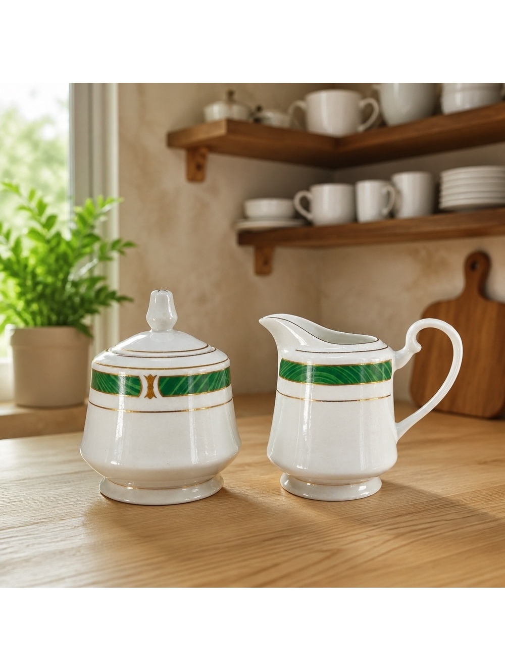 Vintage Sango Majesty "Malachite"pattern 8420 Creamer and Covered Sugar Bowl Set